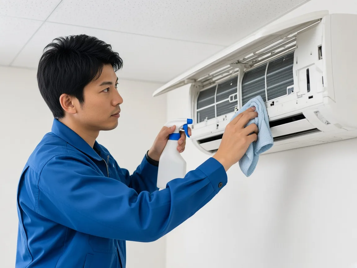 業務用エアコンを分解洗浄するスタッフ