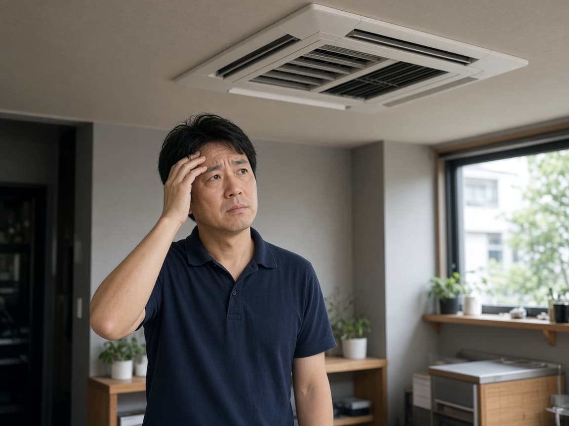 天井のエアコンを見上げて悩む店舗オーナー